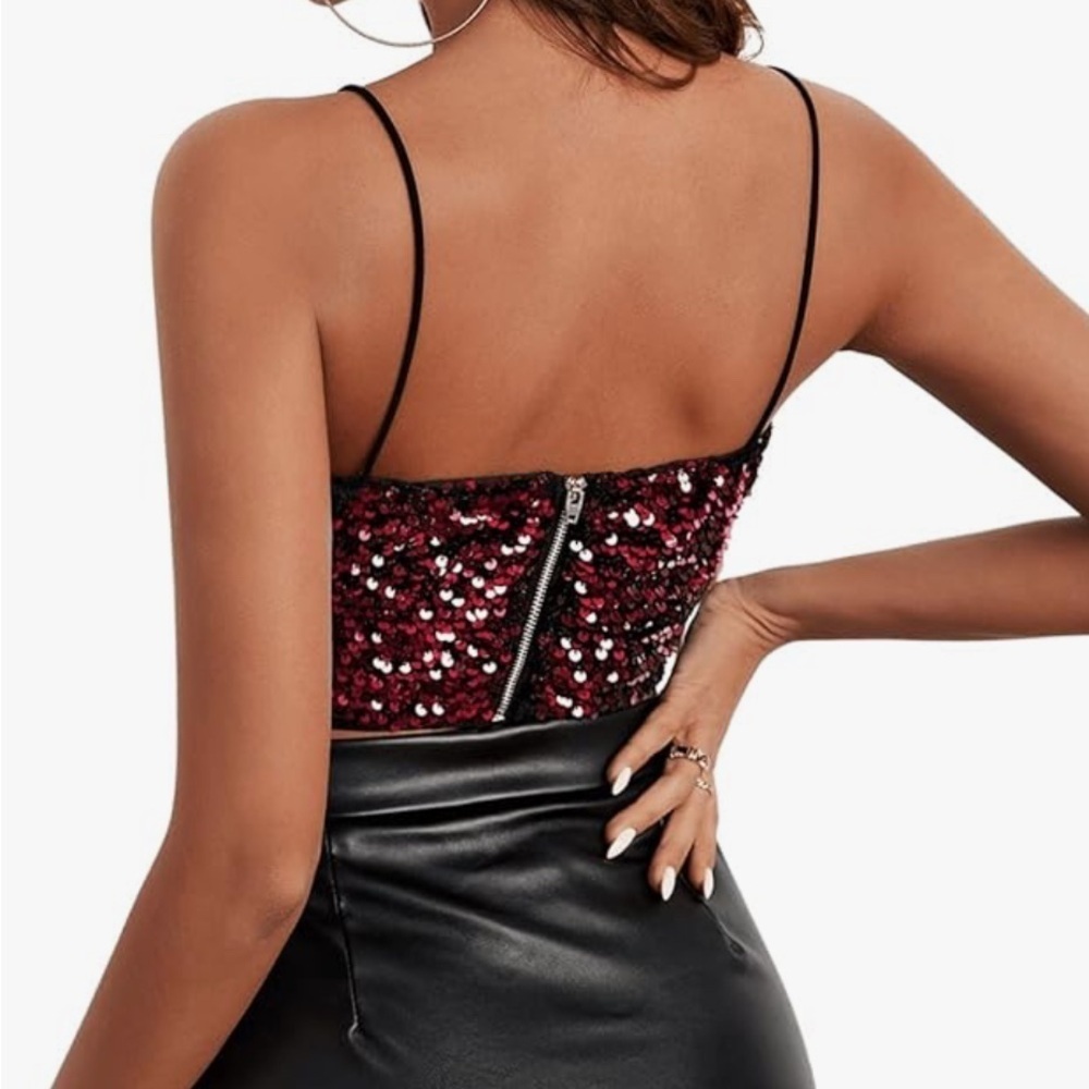 SweatyRock Women’s Red Sequins Spaghetti Strap V Neck Top Brand New - Picture 7 of 7
